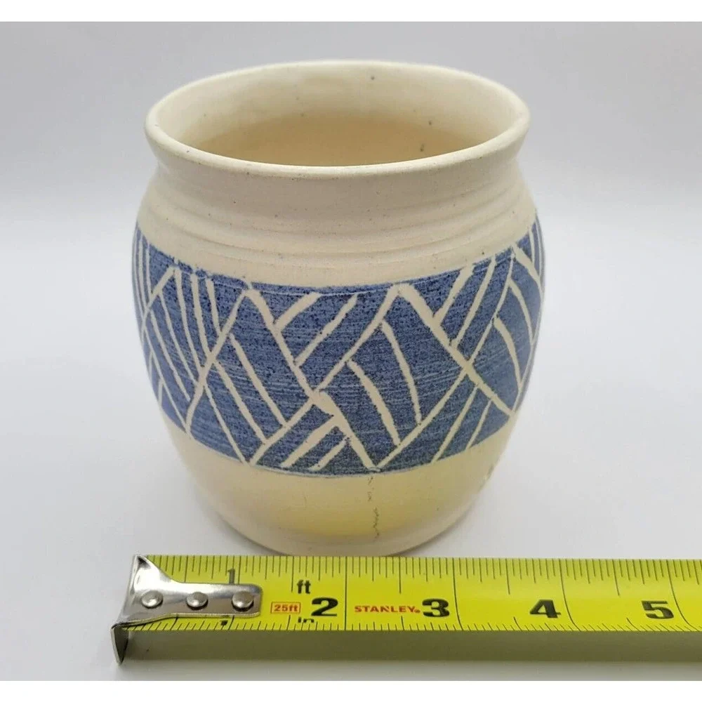 Studio Pottery Blue & White Geometric Pattern Signed 4